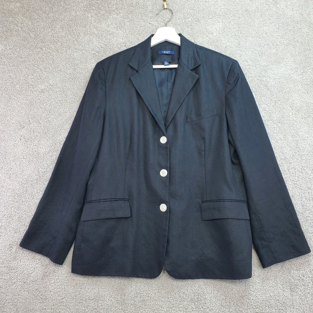 Chaps Blazer Jacket Women 16 Black Linen Career Boss Old Money Dark Academia